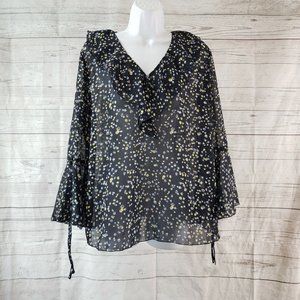 Vero Viva Womens Blouse Sz 42 Blue Yellow Floral Long Sleeve Ruffle Sheer